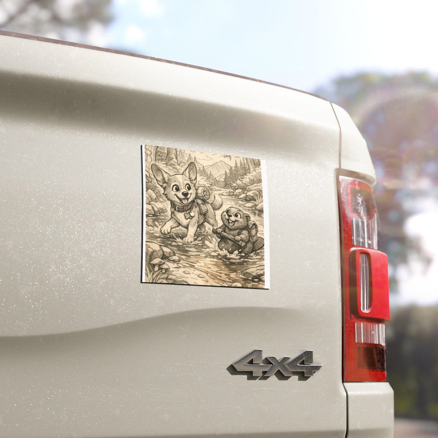 Adventure Pals Car Magnet — Corgi & Beaver Camping Road-Trip Design