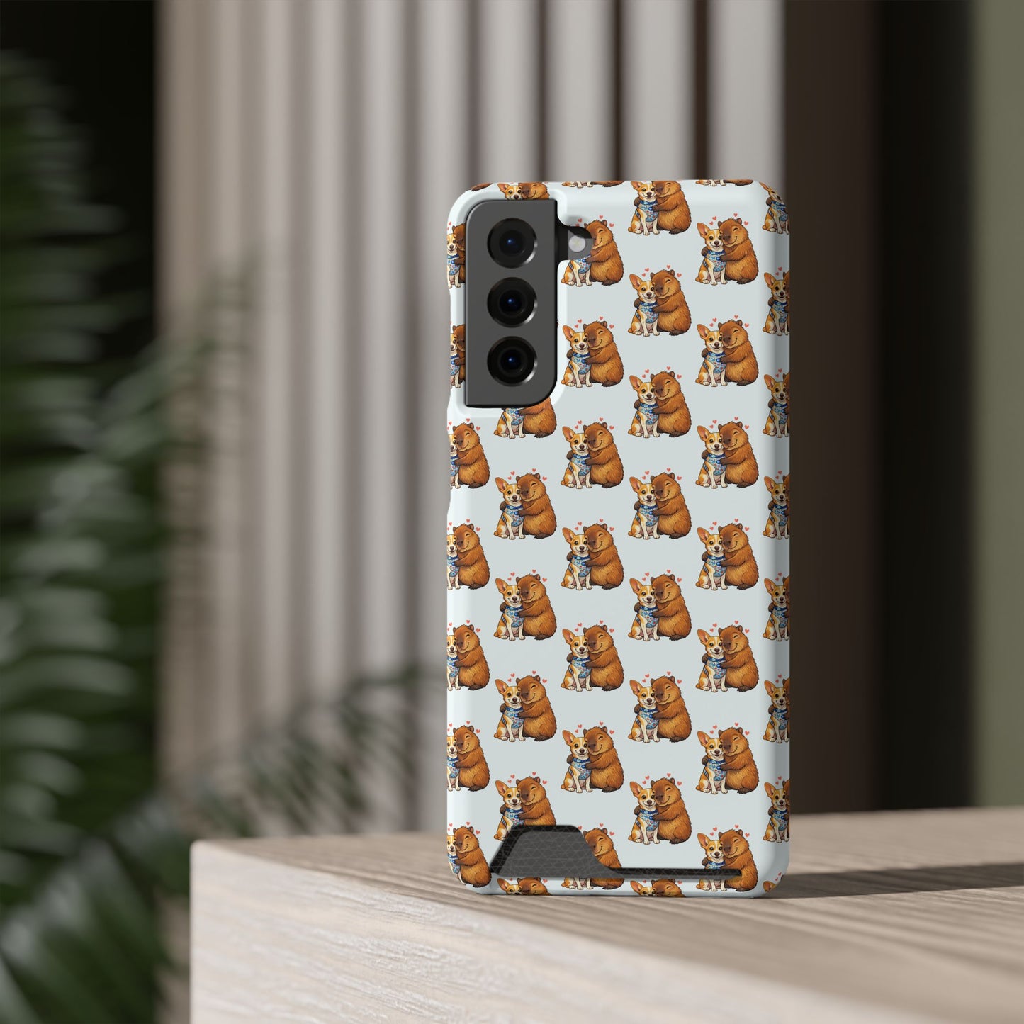Card Holder Phone Case — Cute Patterned Dog Hug Capibara