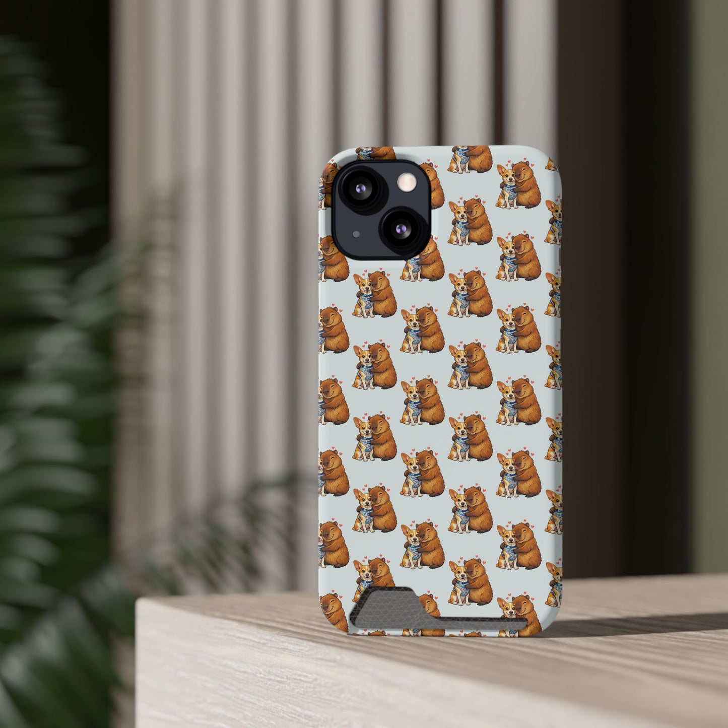 Card Holder Phone Case — Cute Patterned Dog Hug Capibara