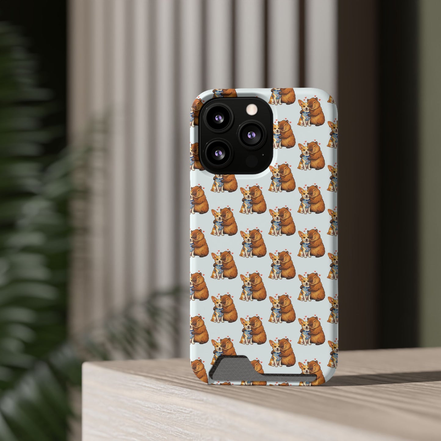 Card Holder Phone Case — Cute Patterned Dog Hug Capibara