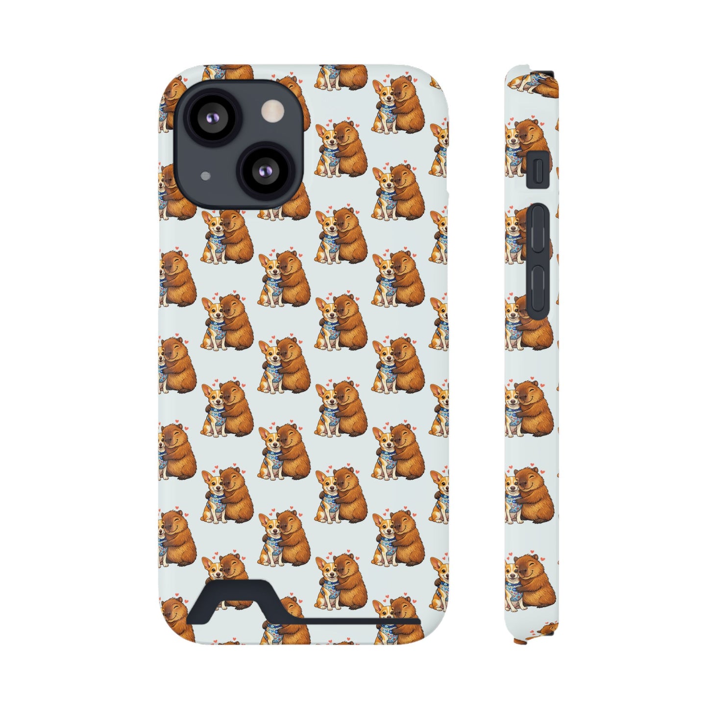Card Holder Phone Case — Cute Patterned Dog Hug Capibara