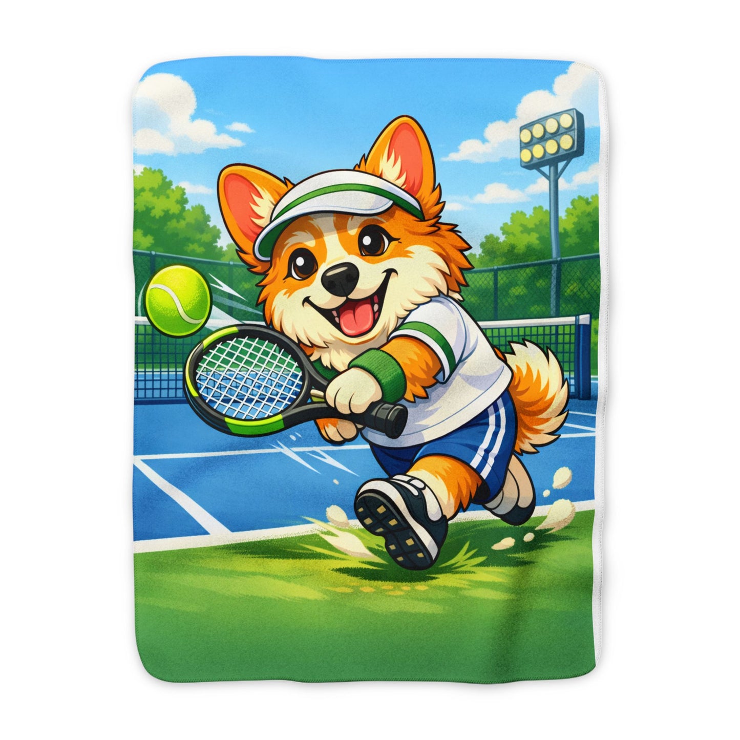 Tennis Corgi Sherpa Blanket — Cute Dog Tennis Player Fleece Throw Kids Room