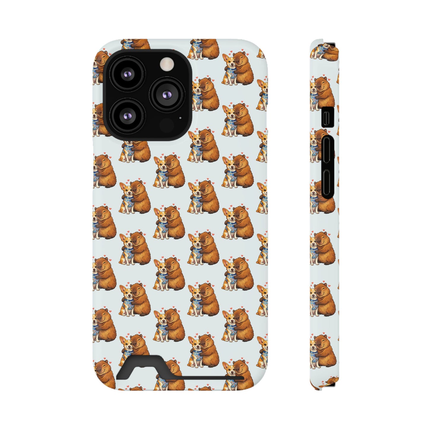 Card Holder Phone Case — Cute Patterned Dog Hug Capibara
