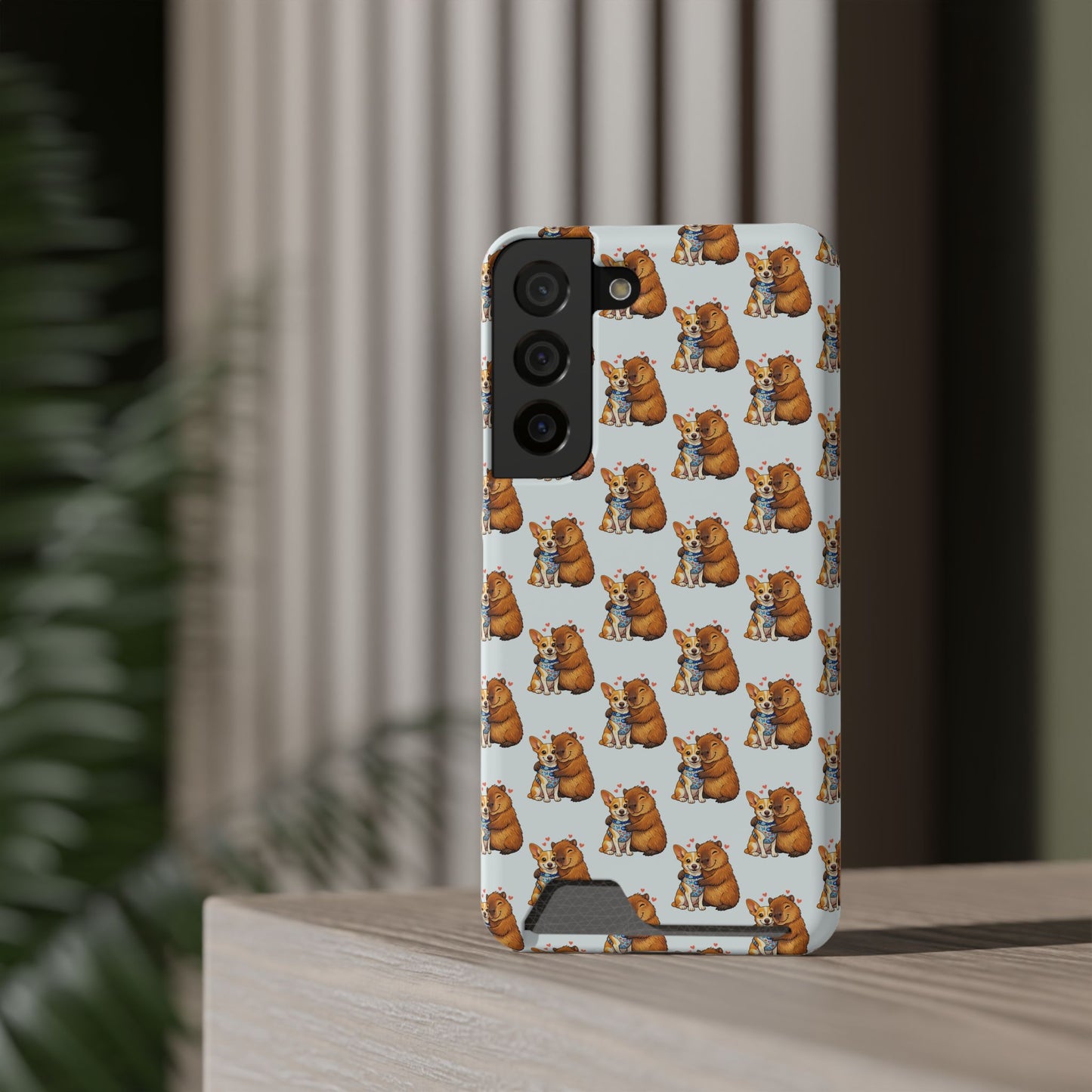 Card Holder Phone Case — Cute Patterned Dog Hug Capibara