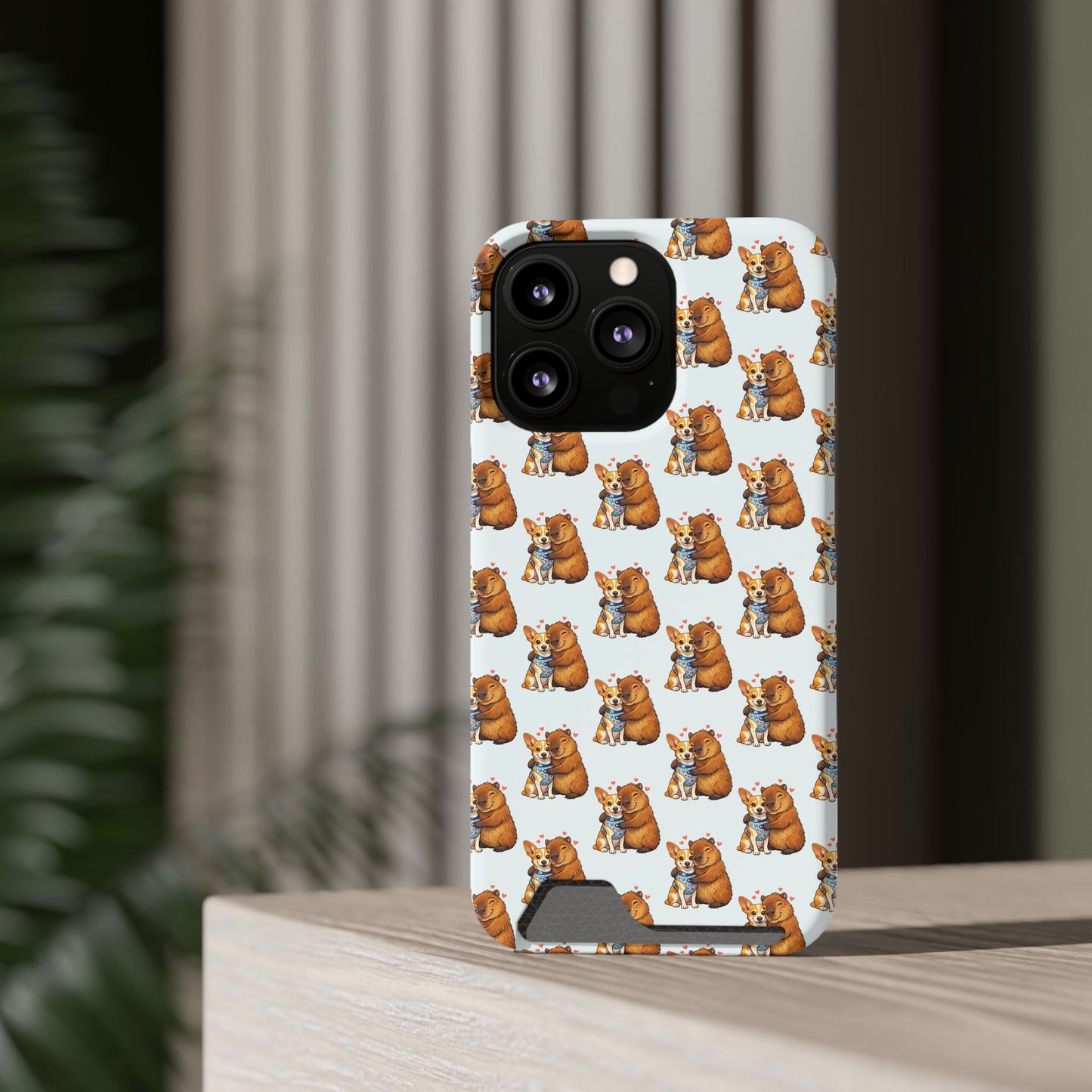 Card Holder Phone Case — Cute Patterned Dog Hug Capibara