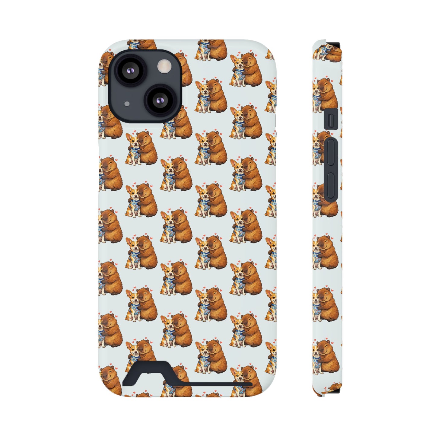 Card Holder Phone Case — Cute Patterned Dog Hug Capibara