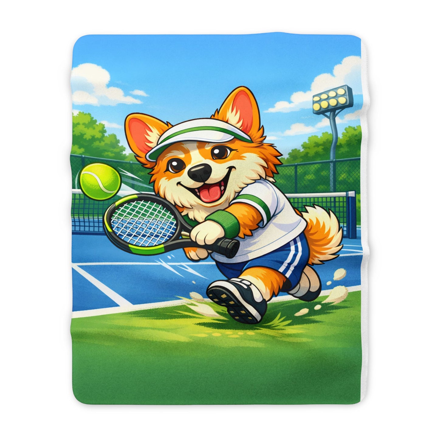 Tennis Corgi Sherpa Blanket — Cute Dog Tennis Player Fleece Throw Kids Room