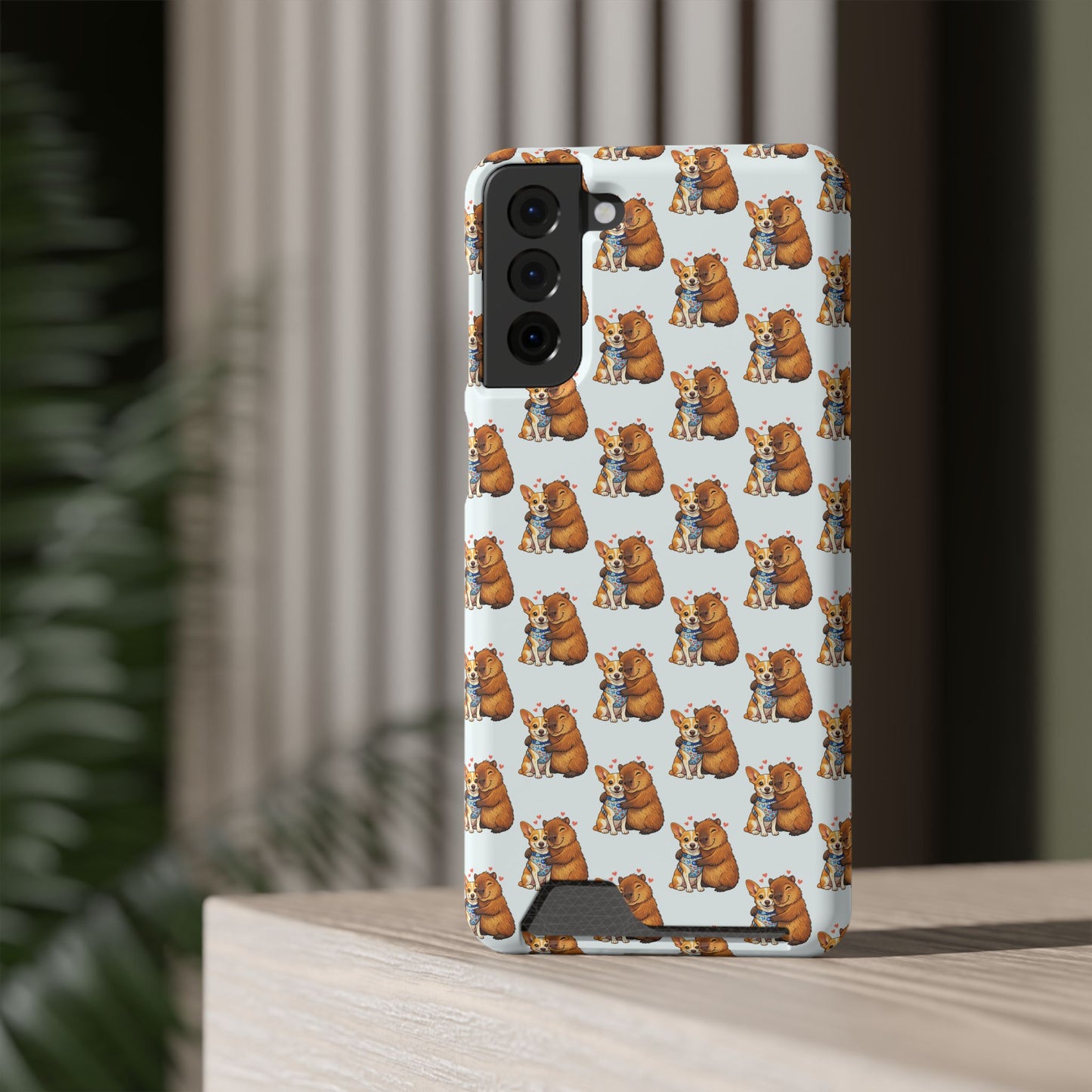 Card Holder Phone Case — Cute Patterned Dog Hug Capibara