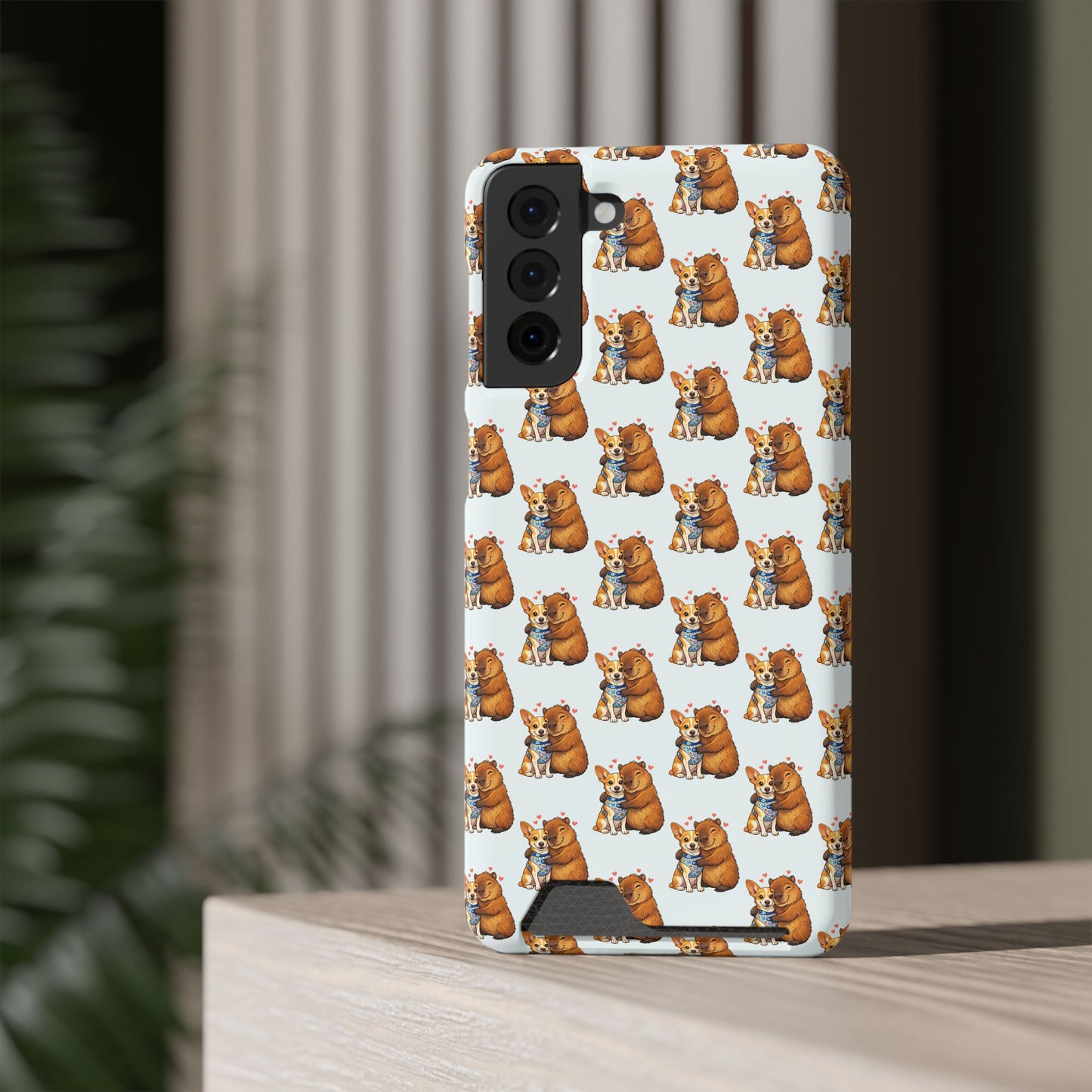 Card Holder Phone Case — Cute Patterned Dog Hug Capibara