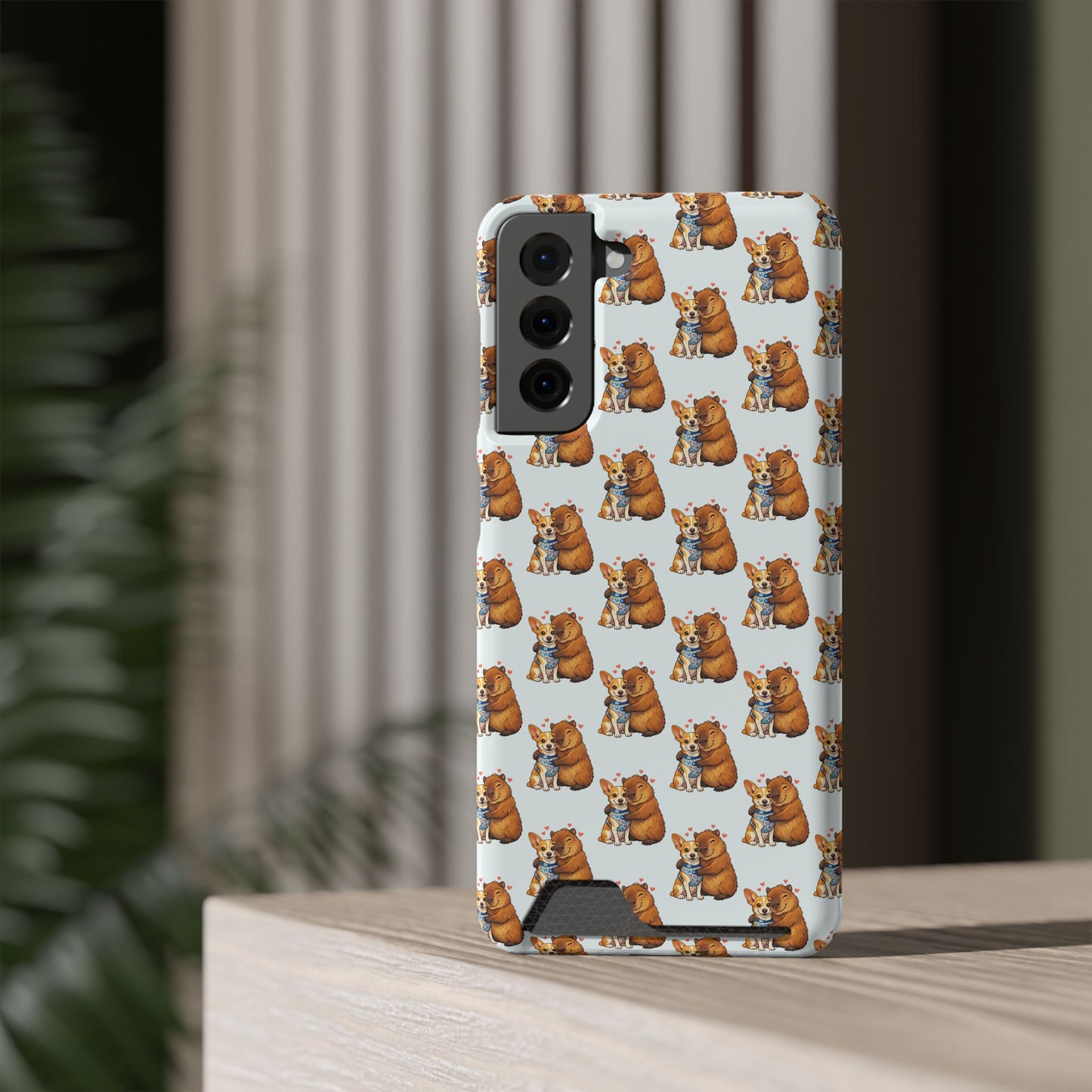 Card Holder Phone Case — Cute Patterned Dog Hug Capibara