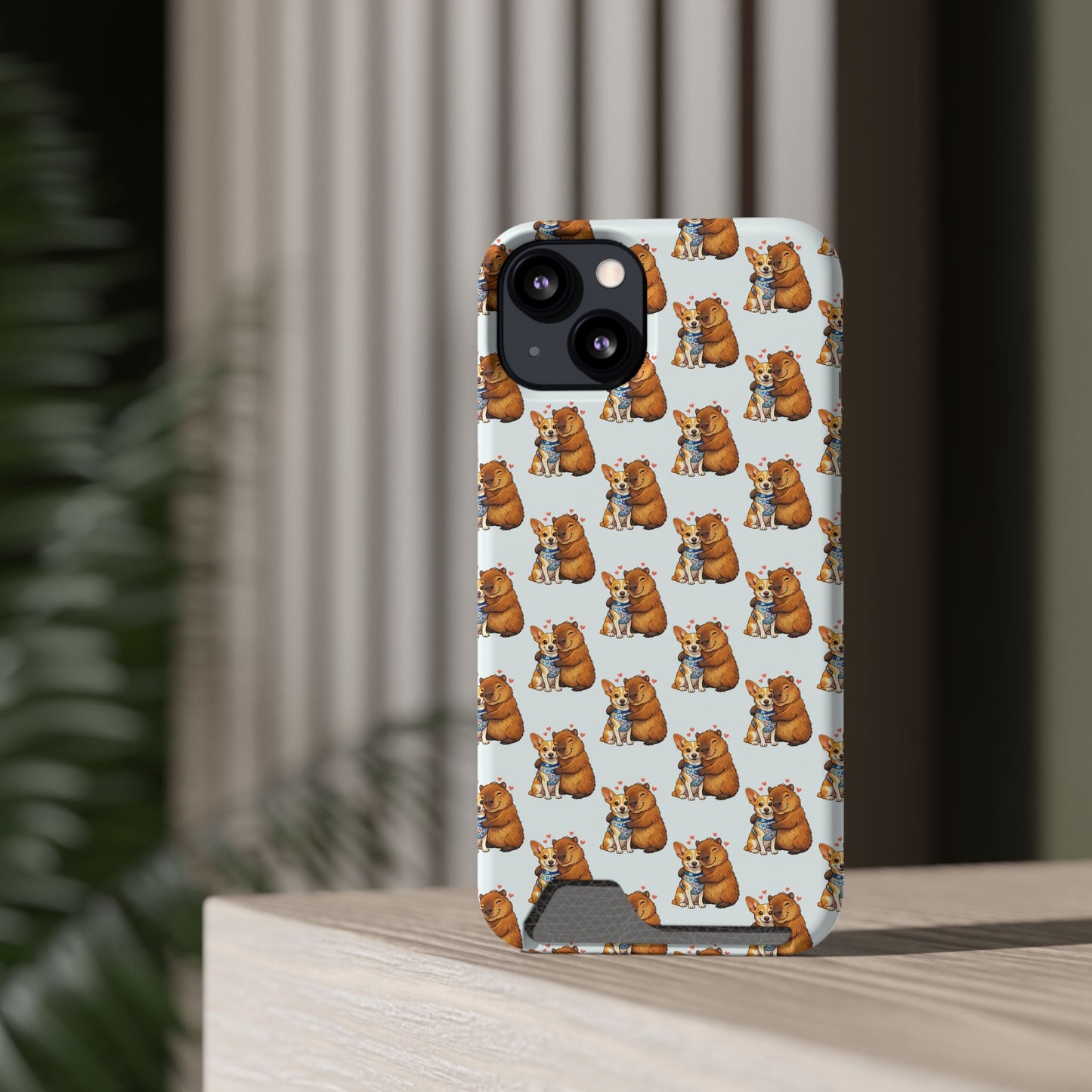 Card Holder Phone Case — Cute Patterned Dog Hug Capibara