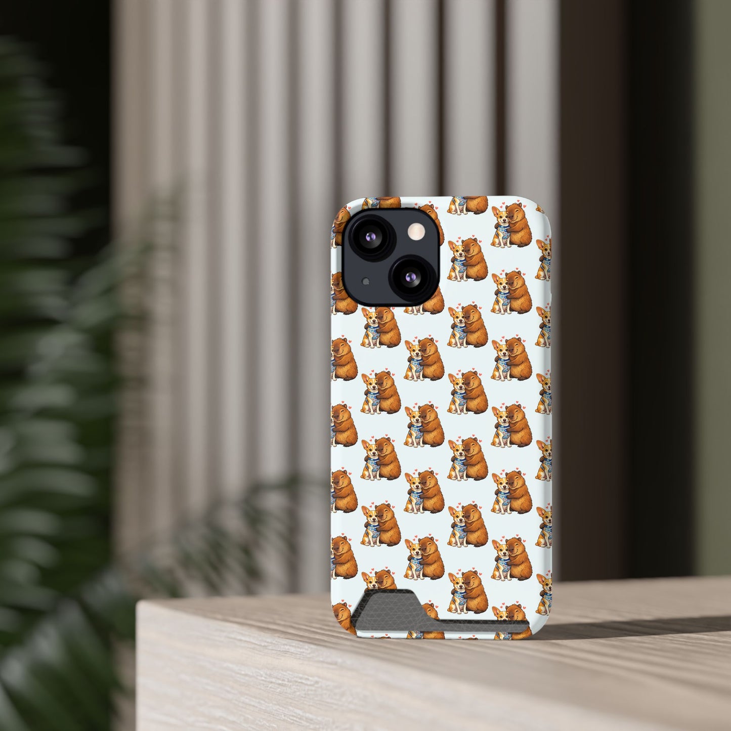 Card Holder Phone Case — Cute Patterned Dog Hug Capibara