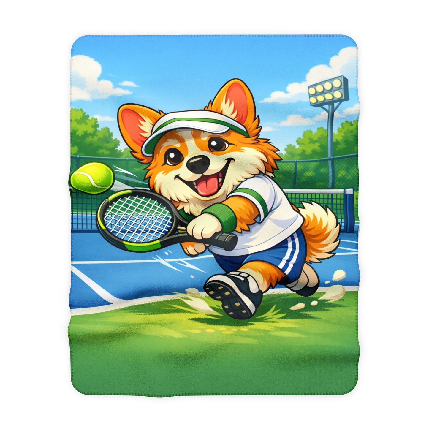 Tennis Corgi Sherpa Blanket — Cute Dog Tennis Player Fleece Throw Kids Room