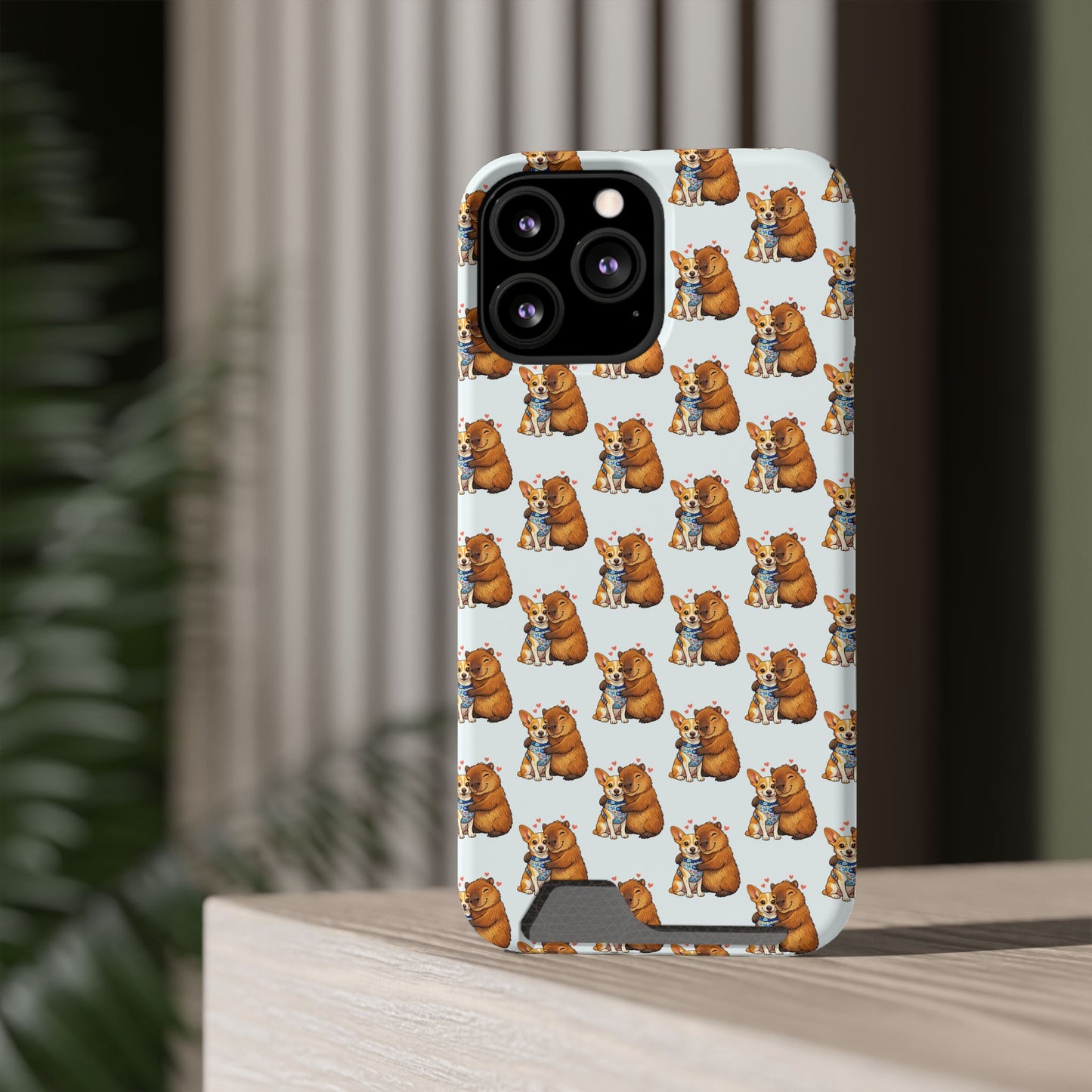 Card Holder Phone Case — Cute Patterned Dog Hug Capibara