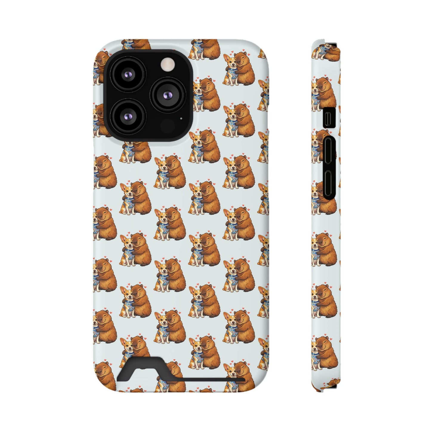 Card Holder Phone Case — Cute Patterned Dog Hug Capibara