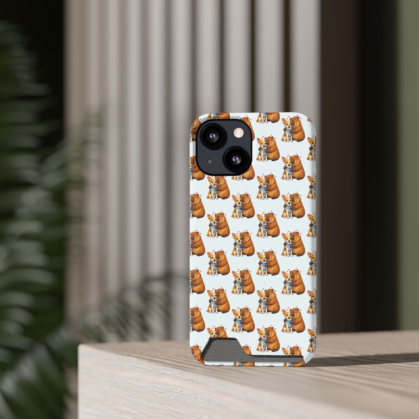 Card Holder Phone Case — Cute Patterned Dog Hug Capibara