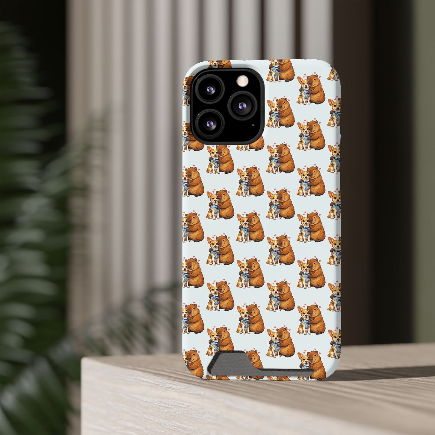 Card Holder Phone Case — Cute Patterned Dog Hug Capibara