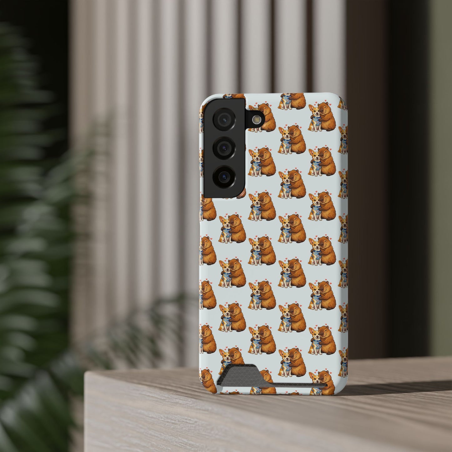 Card Holder Phone Case — Cute Patterned Dog Hug Capibara
