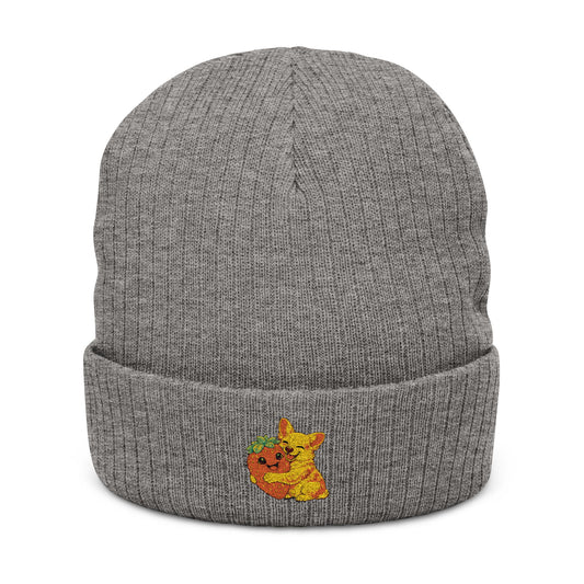 Embroidered Dog Strawberry Ribbed Beanie — Cozy Knit Winter Hat Dog Strawberry
