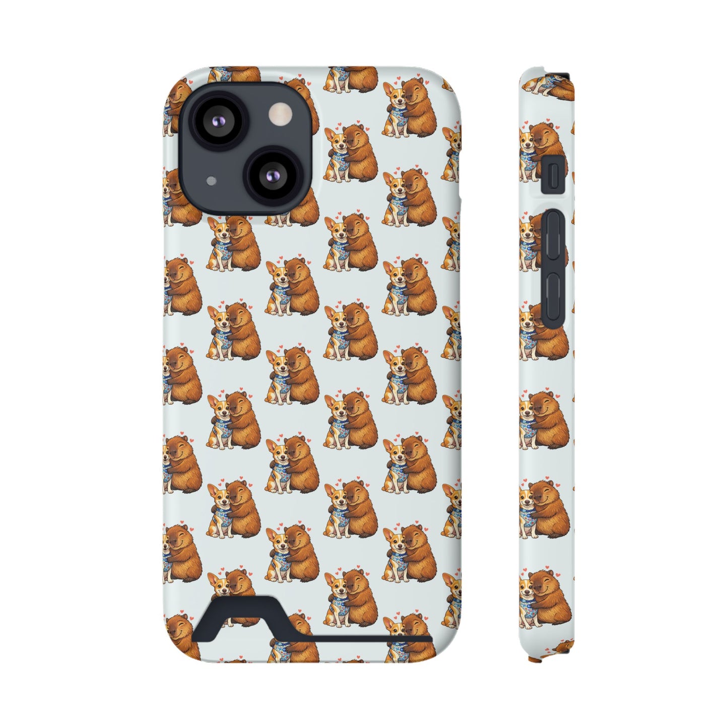 Card Holder Phone Case — Cute Patterned Dog Hug Capibara