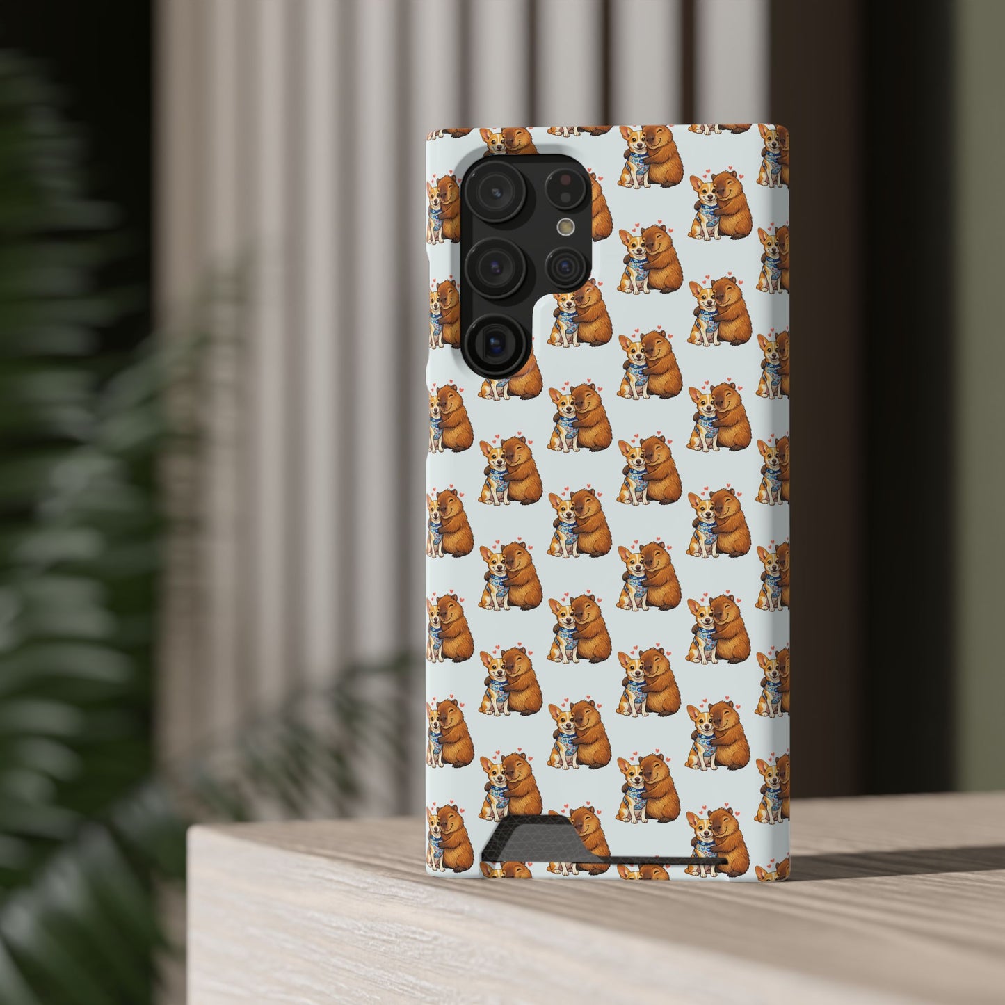 Card Holder Phone Case — Cute Patterned Dog Hug Capibara